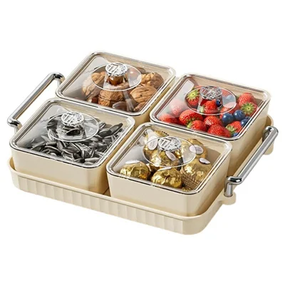 Tabuleiro para Lanches com 4 Compartimentos PET com Tampa, Caixa de Armazenamento de Alimentos à Prova de Poeira, Recipiente para Frutas e Doces (Sem BPA, Sem FDA) - Branco Cremoso