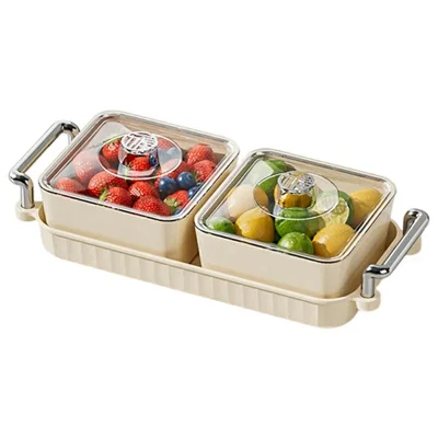 Tabuleiro para Lanches com 2 Compartimentos em PET com Tampa, Caixa de Armazenamento de Alimentos à Prova de Poeira, Recipiente para Frutas e Doces (Sem BPA, Sem FDA) - Branco Creme
