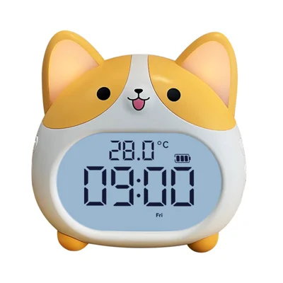Réveil Chien Corgi Affichage LED Veilleuse 1200 mAh Réveil Silencieux Rechargeable pour Étudiants - Jaune