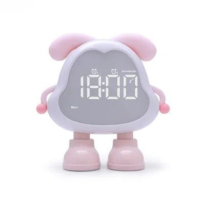 Cute Dog Alarm Clock Night Light Digital Display Rechargeable Desk Clock for Student Dorm - White Pink