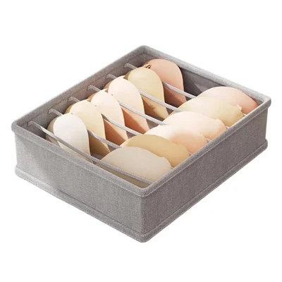 Foldable Lingerie Storage Box 7 Compartments Cotton-Linen Drawer Organizer 32 x 32 x 12cm - Grey
