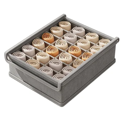 Cotton Linen Drawer Storage Box with Lid 24 Compartments Folding Sock Organizer 32 x 32 x  8.5cm - Grey