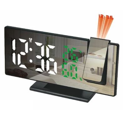 Horloge projecteur LED 3618LW avec miroir, thermomètre et hygromètre, alarme, fonction snooze, contrôle de luminosité - Noir