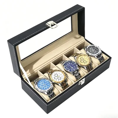 5 Slots Watch Storage Box PU Leather with Glass Window and Velvet Lining Watch Organizer for Watch Display - Black