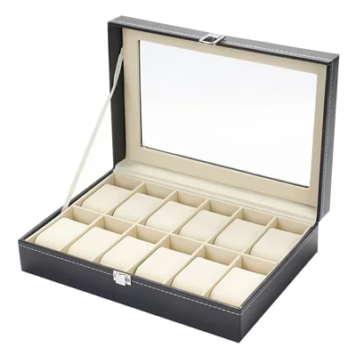 12 Slots Watch Storage Box PU Leather with Glass Window and Velvet Lining Watch Organizer for Watch Display - Black