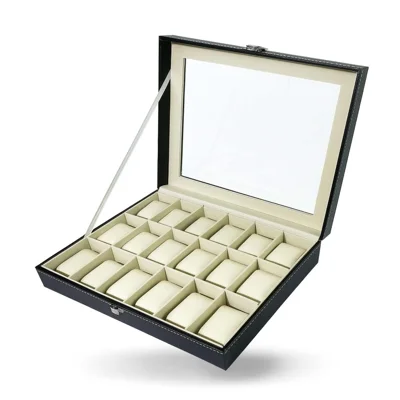 18 Slots Watch Storage Box PU Leather with Glass Window and Velvet Lining Watch Organizer for Watch Display - Black
