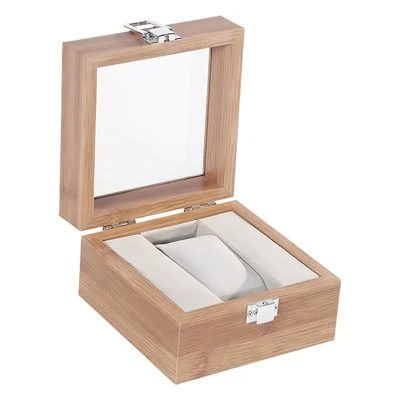 12 x 12 x 7.5cm Watch Storage Box Transparent Window Metal Clasp Velvet Lining Wood Grain Display Case - Single Slot