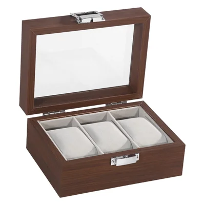 3 Slots Watch Storage Box Wood Glass Top Display Case Velvet Interior Metal Clasp Organizer for Watch Collection - Black Walnut Grain