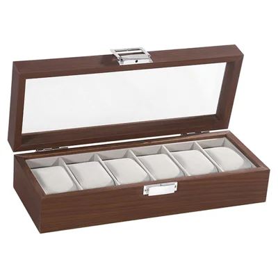 6 Slots Watch Storage Box Wood Transparent Window Velvet Lining Metal Clasp Display Case for Desktop - Black Walnut Grain
