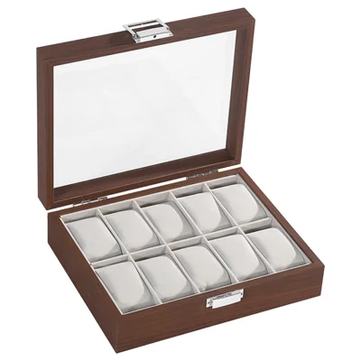 10 Slots Watch Storage Box Wood Transparent Window Velvet Lining Metal Clasp Display Case for Desktop - Black Walnut Grain