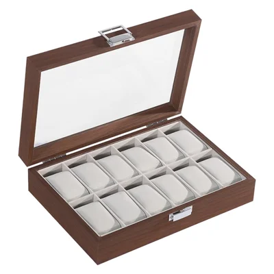 12-Slot Watch Storage Box Wood Glass Top Metal Clasp Velvet Lined Display Case for Watch Collection - Black Walnut Grain