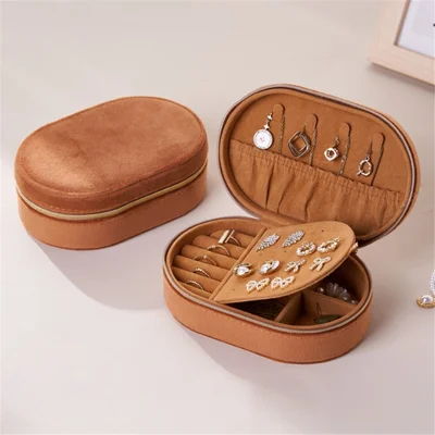 Oval Jewelry Storage Box Golden Velvet + Pearl Fleece Anti-Oxidation Anti-Scratch Removable Compartments - Brown
