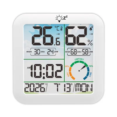 TS-8086 Thermometer Hygrometer Clock with Alarm and Snooze, 7 Weekday Languages - White