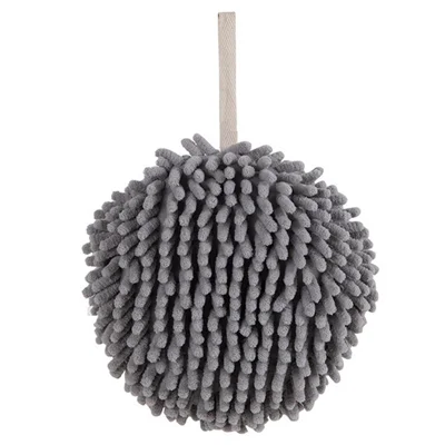 Hanging Hand Towel Pompom Design Water Absorbent Quick Drying Hand Wipe Towel Kitchen Bathroom Supply - Grey