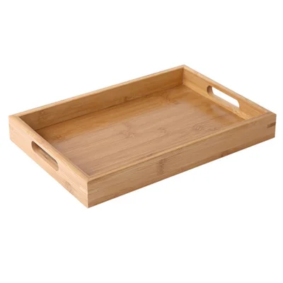 38*25*4cm Natural Color Bamboo Food Serving Tray  Wide Handles Design Raised Edge Decorative Trays for Living Room/Restaurants