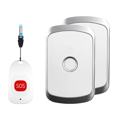 C20 Allarme di monitoraggio per anziani Home EU Plug Wireless Caregiver Pager Smart Call System Senior Personal Buzzer Alarm 1 pulsante di chiamata e 2 ricevitori - Argento