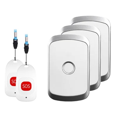 C20 Patients Elderly Alert Button 80m Wireless Emergency Alarm Call Bell, 2 Call Buttons + 3 EU Plug Receivers - Silver