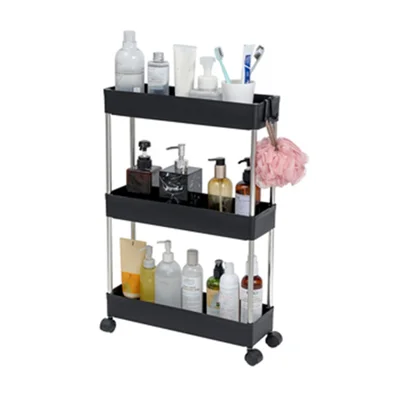 PP + Acero inoxidable 3 niveles tipo estrecho Estantería de almacenamiento para baño con ruedas Organizador de rodillos - Negro