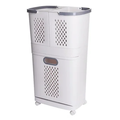 F867 PP Laundry Basket Dual Layer Standing Cloth Basket with Rolling Wheel