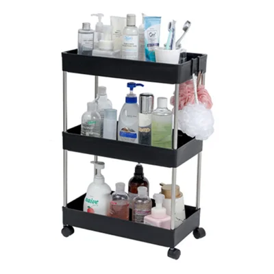 Rack de Armazenamento para Banheiro de 3 Níveis com Rodas, de Tipo Largo, em PP + Aço Inoxidável - Preto