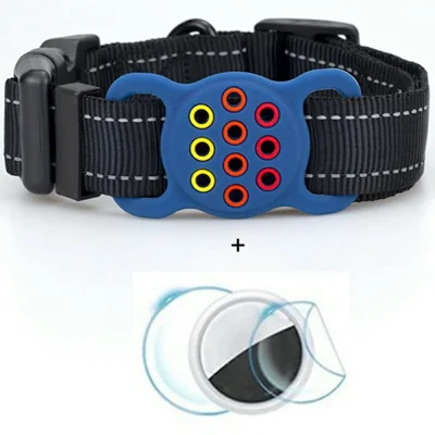 Reflective Nylon Dog Collar for AirTag Tracker Colorful Silicone Case with Protective Film, Size: L - Blue