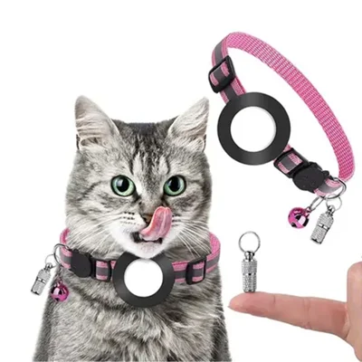 For AirTag Tracker Reflective Pet Collar Silicone Protective Case with ID Address Tag - Pink