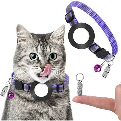 For AirTag Tracker Reflective Pet Collar Silicone Protective Case with ID Address Tag - Purple