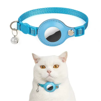 For AirTag Anti Lost Tracker PU Leather Protective Case Reflective Pet Collar with ID Tag - Sky Blue