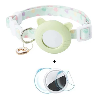For AirTag Lovely Silicone Protective Case Pet Collar + Front Rear Hydrogel Film Set - Green / M