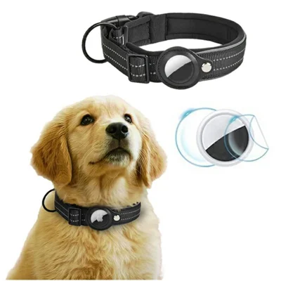 Reflective PU Leather Pet Dog Collar for AirTag Smart Tracker Holder Case, Size: XL - Black