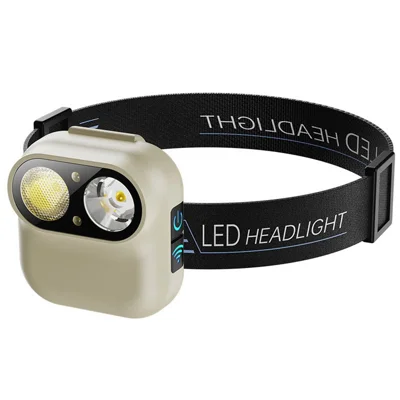 WJ-809 Lampe frontale portable à double source lumineuse LED avec capteur de mouvement, lumière de travail rechargeable par USB Type-C - Beige