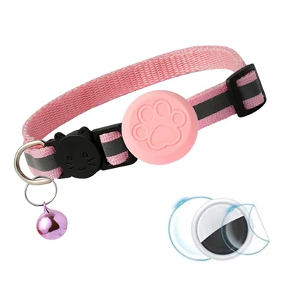 For Apple AirTag Silicone Case Pet Collar Paw Print Tracker Holder with Protective Film - Pink