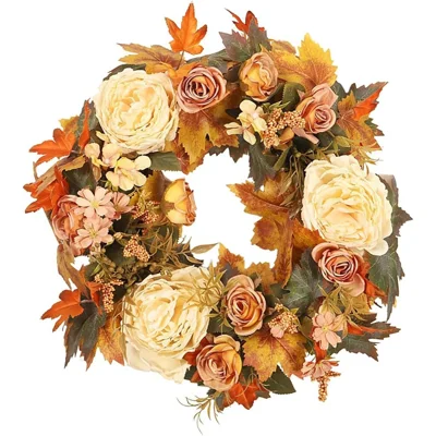Corona de Otoño de Arce y Peonía de 43 x 43 cm, Colgante para Puerta con Anillo de Vid de Calabaza, Decoración para Fiesta de la Cosecha - Como se Muestra