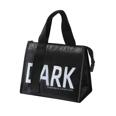 Elegante Bolsa de Almuerzo Aislada de Tela Oxford, Bolsa Bento para Picnic, Oficina, Escuela - Negro/Letras