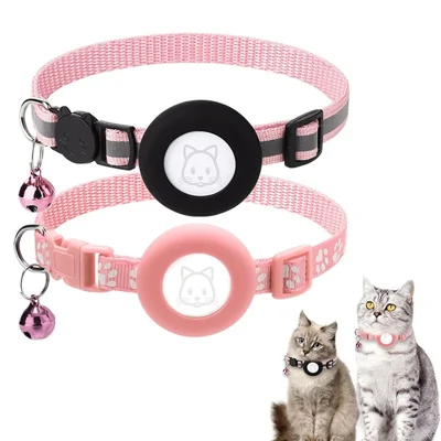 2Pcs / Set Protective Case for AirTag Reflective Nylon Pet Collar GPS Tracker Silicone Cover with Bell - Pink