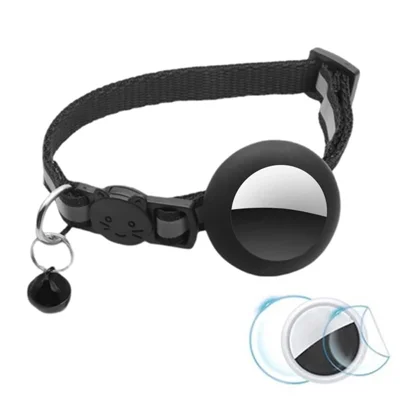 Anti-Scratch Silicone Case for AirTag Reflective Pet Collar GPS Tracker Cover with Bell, with Front Back Film Set - Black