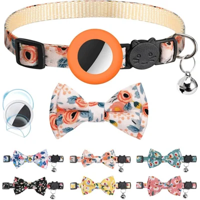 Adjustable Pet Collar with Silicone Case+Film for AirTag GPS Cats Dogs Collar with Bell, Bow - Orange