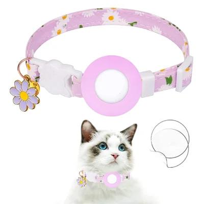 Daisy Pattern Adjustable Pet Collar with Silicone Case + Protective Film for AirTag Tracker - Purple