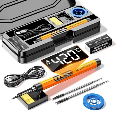 Kit de soldador con 3 puntas intercambiables, soldador inalámbrico portátil recargable por USB con pantalla digital - Naranja
