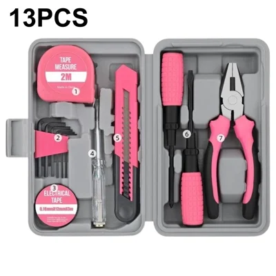 Kit di attrezzi da 13 pezzi, cassetta degli attrezzi per riparazioni domestiche con coltello multiuso, pinze, cacciavite, metro a nastro - Rosa