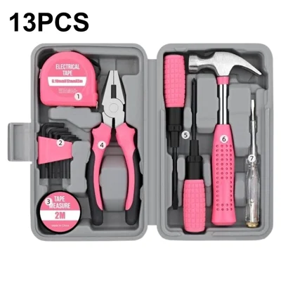 Kit Attrezzi 13 Pezzi per Casa con Martello Cacciavite Pinze Metro Nastro Chiave Esagonale Set per Riparazioni Domestiche - Rosa