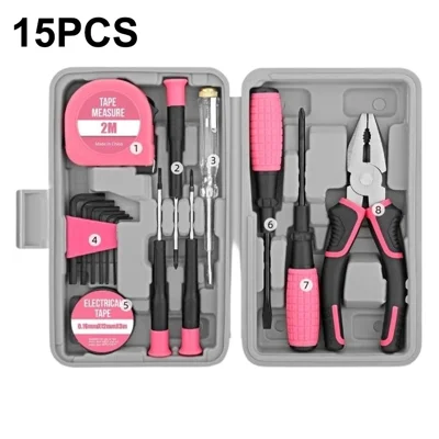 15Pcs Tool Kit Set Home Repair Tools with Case Screwdriver Pliers Wrench Tape Measure Repair Tools Set - Pink