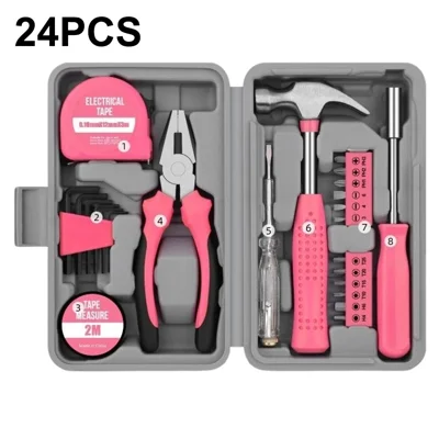 24Pcs Household Tool Set Screwdriver Bits Kit Pliers Hammer Measuring Tape Electrical Tester Tool Kit for Home Repair - Pink