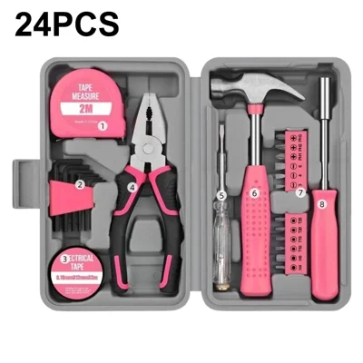 Kit di 24 pezzi di utensili domestici, set di cacciaviti, pinze aggiornate, martello, metro a nastro, tester elettrico, kit di utensili per riparazioni domestiche - Rosa