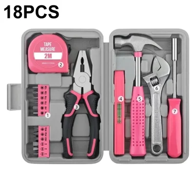 18Pcs Tool Set Household Hardware Repair Kit with Tape Measure Pliers Screwdriver Hammer Level - Pink