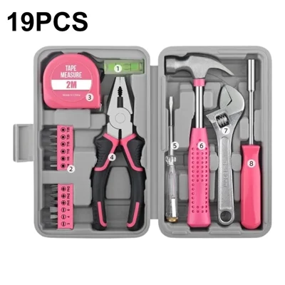 19Pcs Tool Kit Set Household Repair Tools Box with Level Bubble Voltage Tester Wrench Pliers for Home - Pink