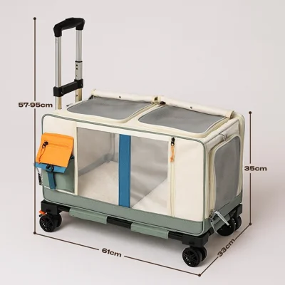 61x33cm Pet Rolling Luggage Carrier with Side Feeding Window Large Capacity Travel Trolley Bag for Cat Dog - Green