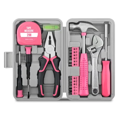 20Pcs Repair Tool Set with Case Household Hardware Repair Kit with Wrench Screwdriver Pliers Hammer Tape Measure - Pink