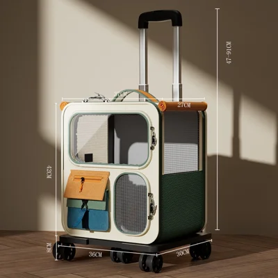 3 in 1 Cat Carrier Backpack Trolley Bag with Wheels Large Capacity Breathable Pet Travel Rolling Luggage - Beige+Green