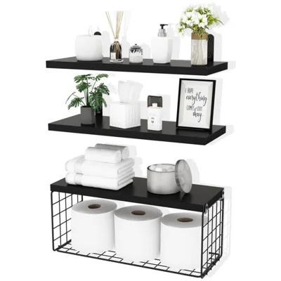 Wall Mounted Suspended Partition Wooden Board Iron Wire Basket Bathroom Living Room Storage Rack - Black